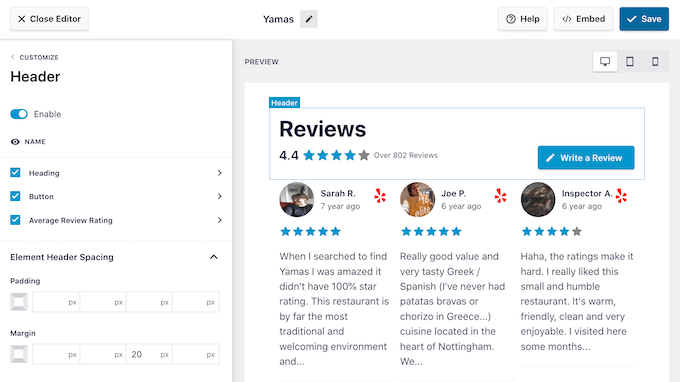 การปรับแต่งส่วนหัวของฟีดรีวิว Customizing the review feed header