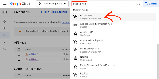 เปิดใช้งาน Google Places API Enabling the Google Places API