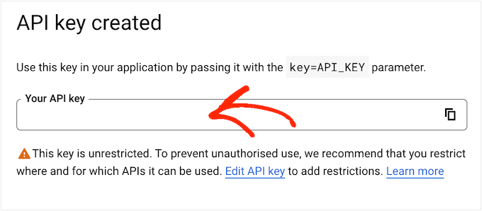 ตัวอย่างคีย์ Google API ที่สร้างขึ้นใน Cloud Console An example of a Google API key, created in the Cloud Console