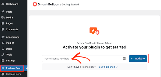 การเพิ่มใบอนุญาตของคุณไปยังปลั๊กอินฟีดรีวิว WordPress Adding your license to the Reviews Feed WordPress plugin