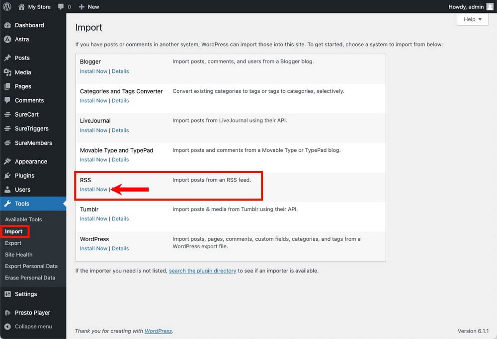 Instalar Importador de RSS en WordPress