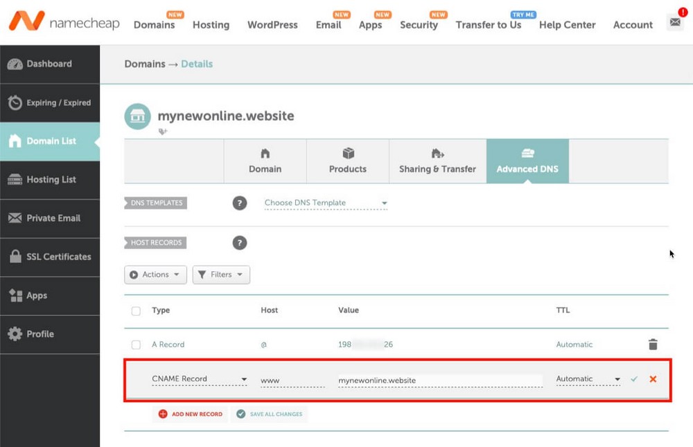 Cómo agregar un registro CNAME en Namecheap