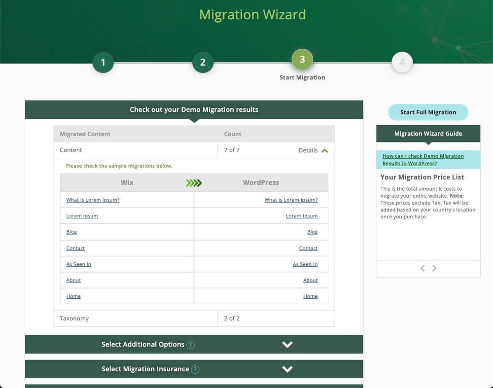 Resultados de la migración de CMS2CMS Wix a WordPress