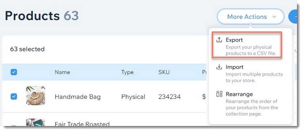 Exportar productos de comercio electrónico de Wix como CSV