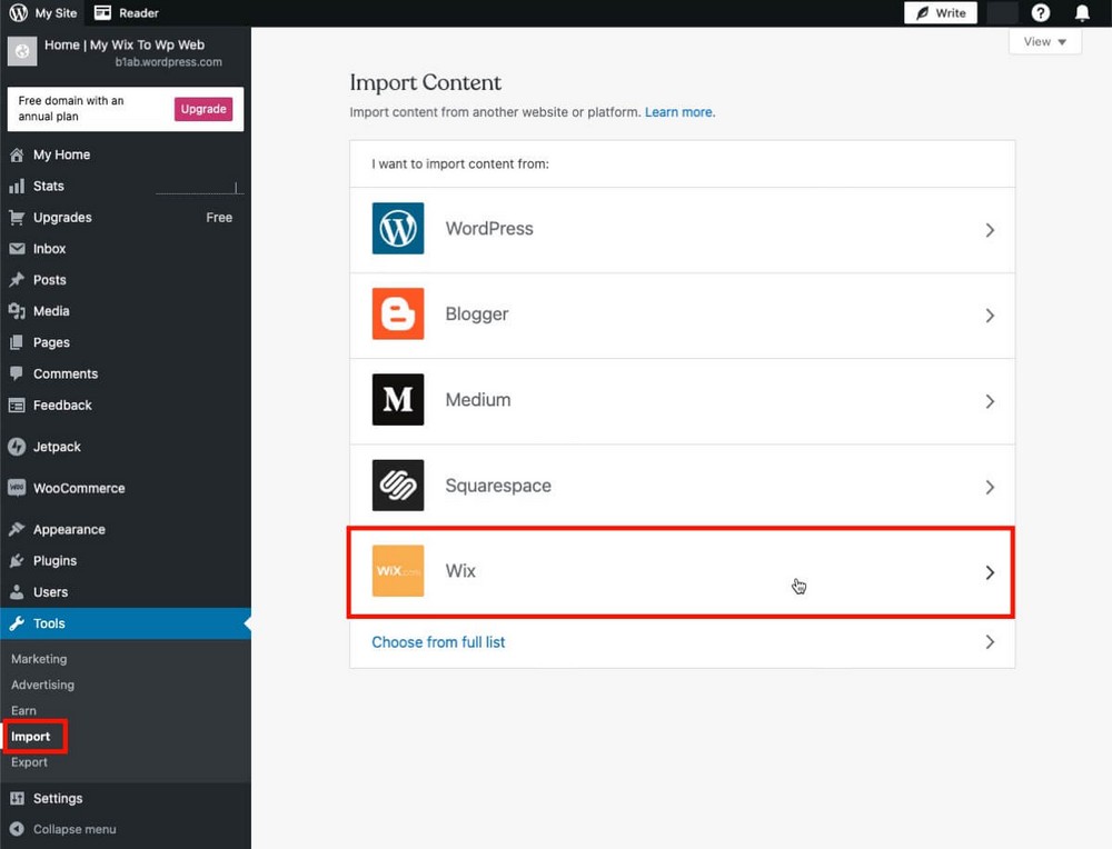 Cómo importar el sitio web de Wix desde WordPress