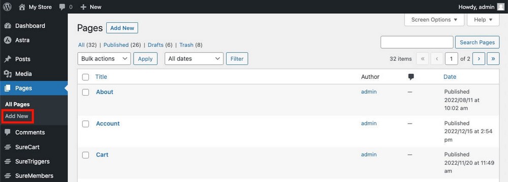 Cómo crear nuevas páginas en WordPress