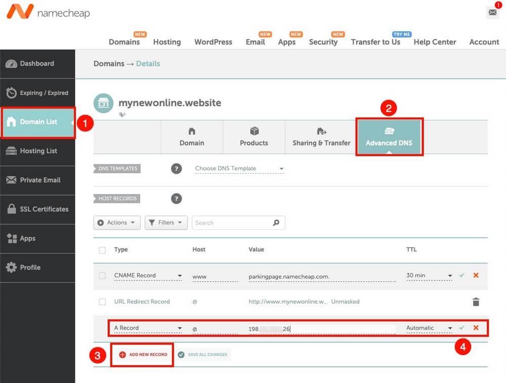 Cómo agregar un registro A en Namecheap