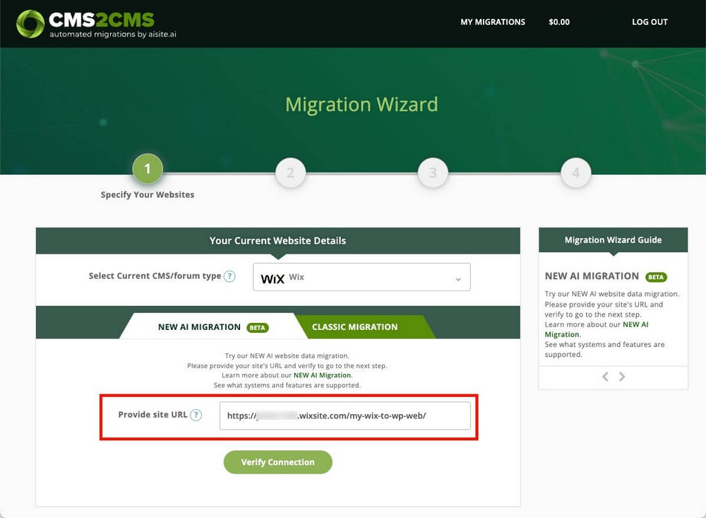 CMS2CMS especifica el sitio web de Wix