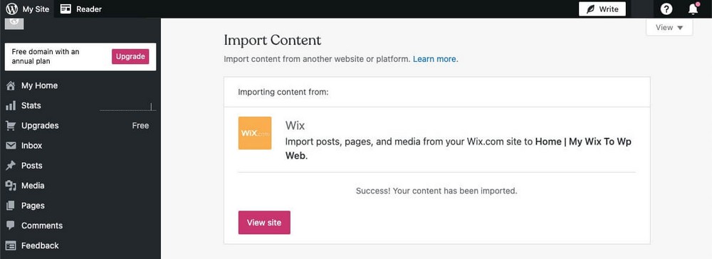 El sitio web de Wix se importó con éxito en WordPress