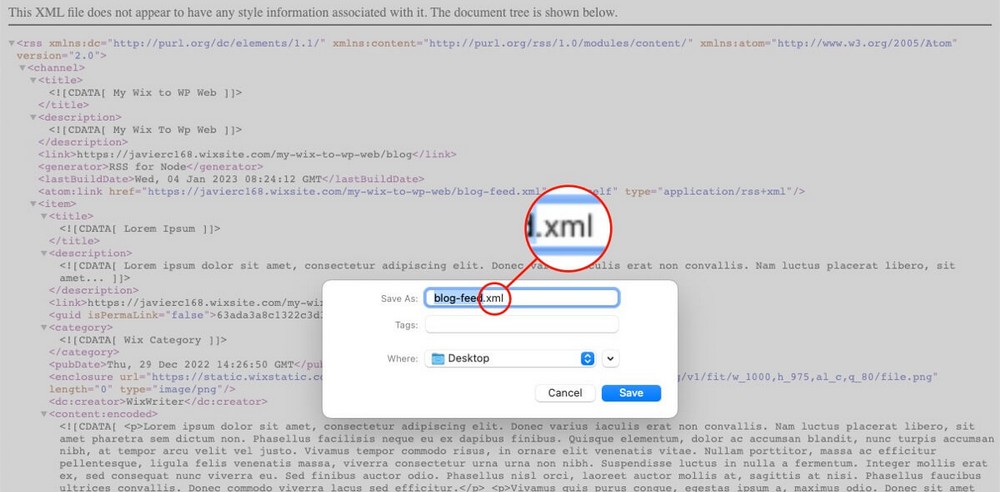 Guardar la fuente RSS de Wix como XML
