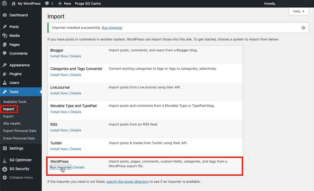 Ejecutar el importador de WordPress