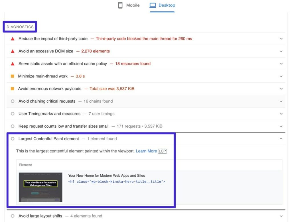 Come trovare l'elemento LCP in PageSpeed ​​Insights.
