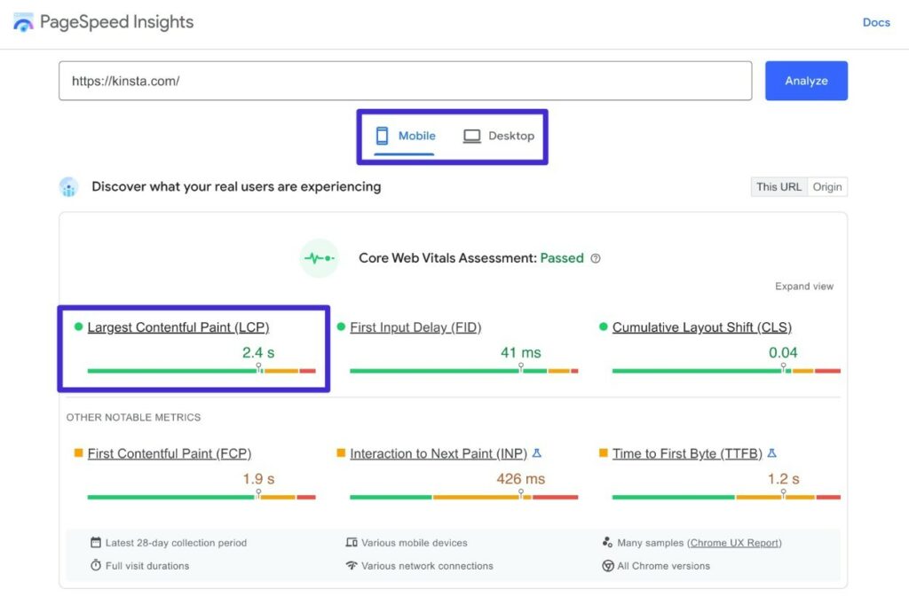 Tempi LCP in PageSpeed ​​Insights.