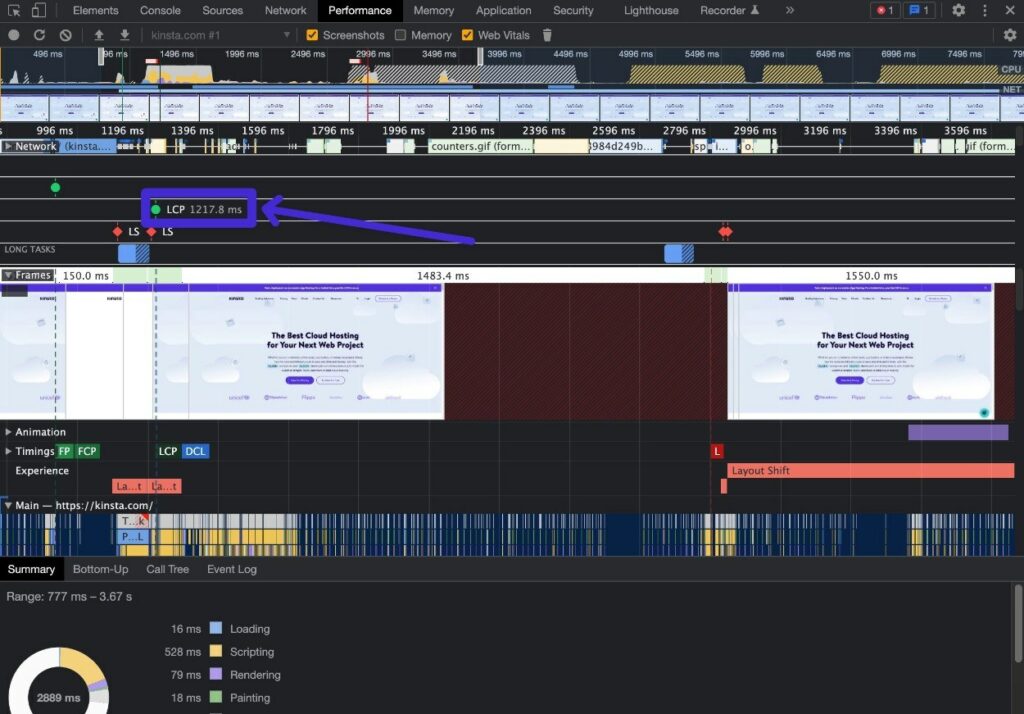 Come visualizzare l'ora LCP in Chrome Dev Tools.