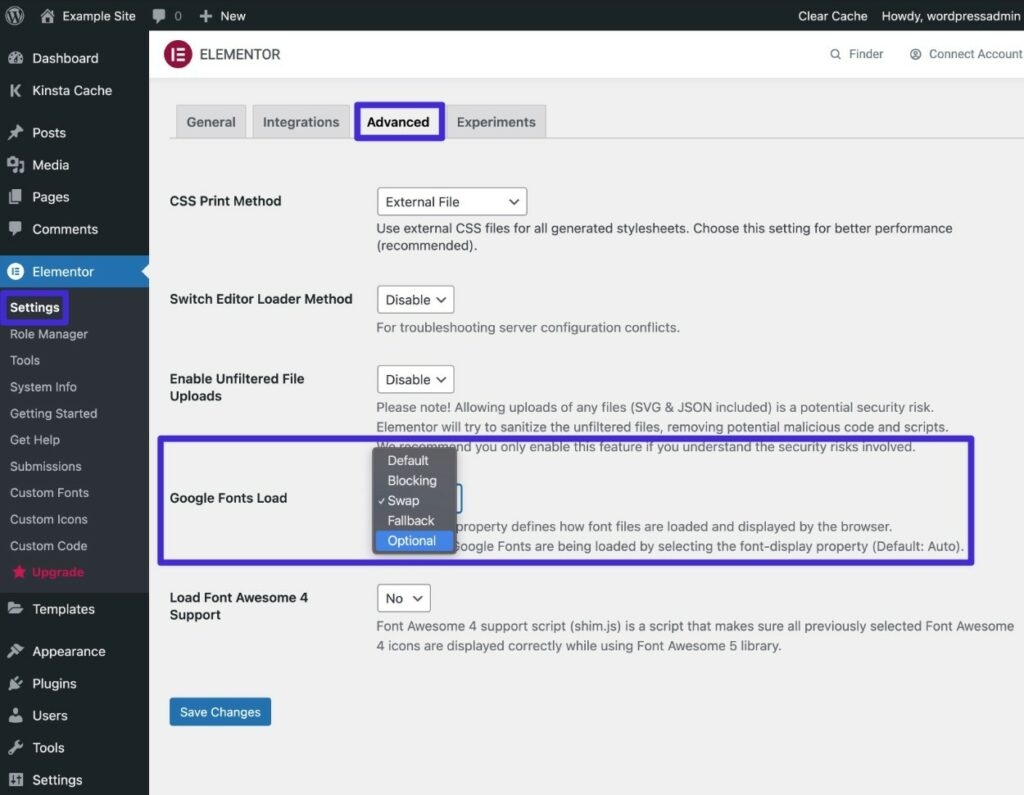 Come impostare la visualizzazione dei caratteri: facoltativo in Elementor.