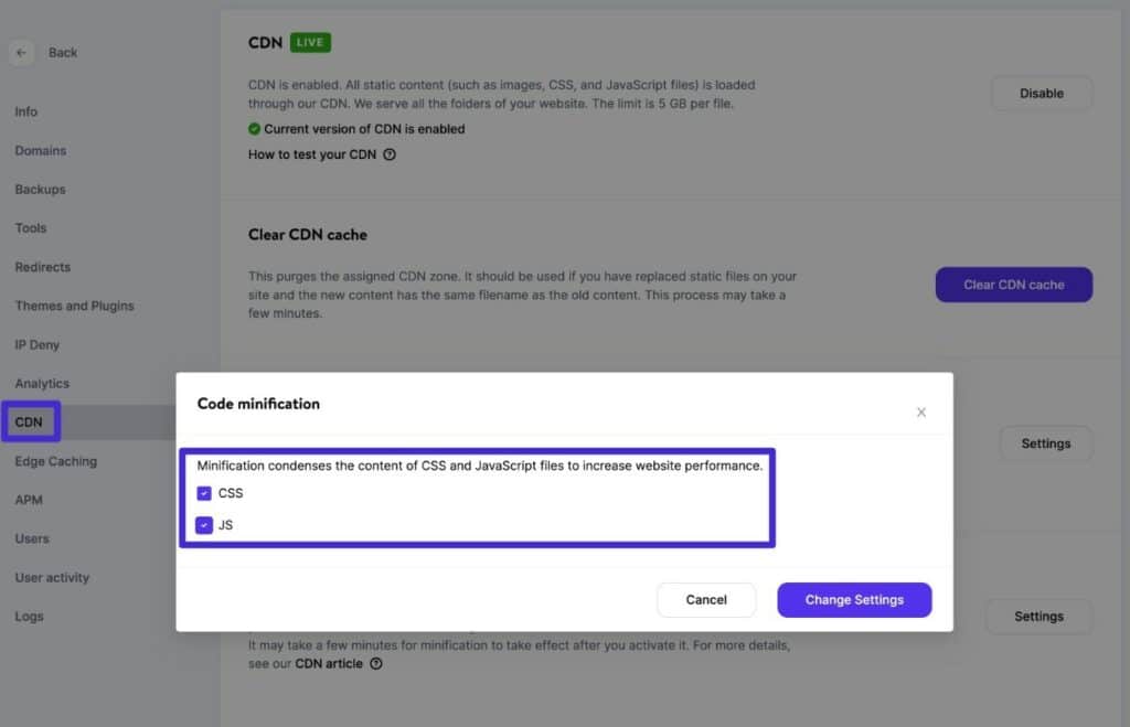 Come abilitare la minificazione del codice Kinsta.