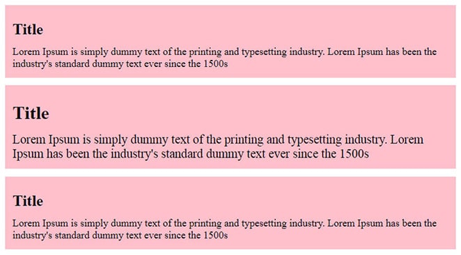 3 unités css avec un grand titre et un texte de remplissage Lorem Ipsum plus petit, le Lorem Ipsum dans l'unité du milieu est légèrement plus grand que dans les unités du haut et du bas
