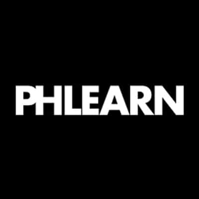 Białe logo PHLEARN na czarnym tle