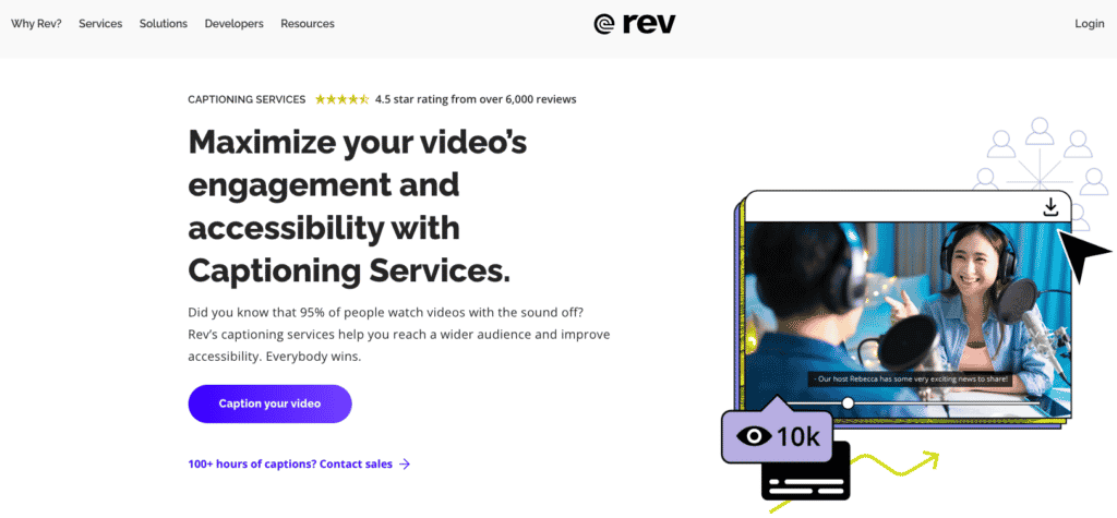 لقطة شاشة Rev.com للصفحة المقصودة لخدمة الترجمة والشرح