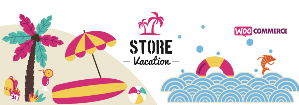 Imagem de herói da página de download da Woo Store Vacation. A imagem mostra palmeiras de desenhos animados, uma prancha de surfe, uma bola de praia, um guarda-chuva, uma bebida tropical e uma mochila em uma praia próxima ao oceano em que um pequeno camarão está nadando