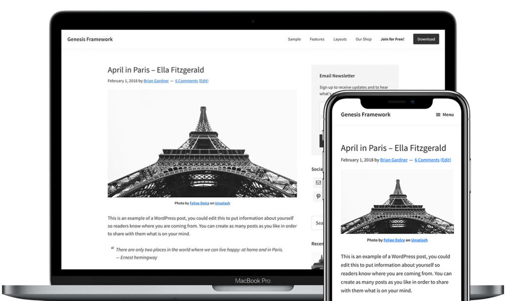 imagem promocional para o Genesis Framework que mostra uma postagem intitulada April in Paris - Ella Fitzgerald no celular e no computador