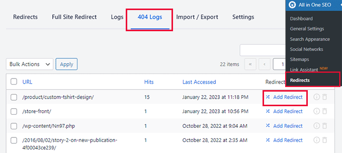 AIOSEO 404错误日志 404 error logs in AIOSEO