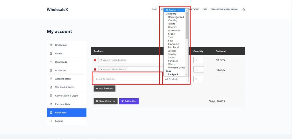 WholesaleX 6 の WooCommerce 卸売注文フォームの使用方法 WholesaleX Bulk Order Product Searching