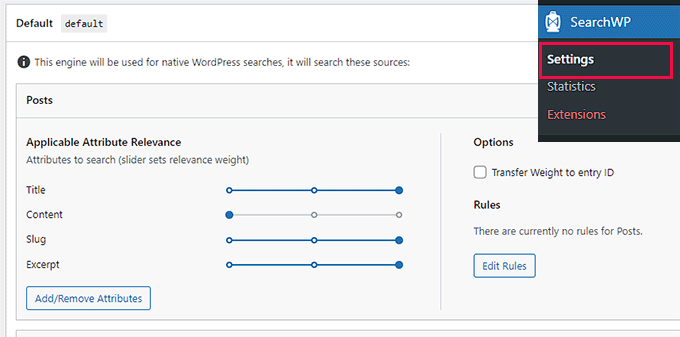Impostazioni di SearchWP SearchWP settings