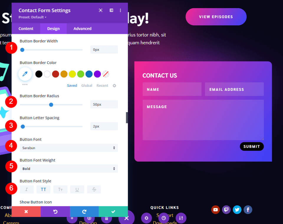 Formularz kontaktowy Divi Footer, przykład drugi
