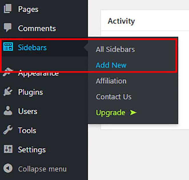 opção de plug-in de barras laterais do wordpress adicionar nova barra lateral