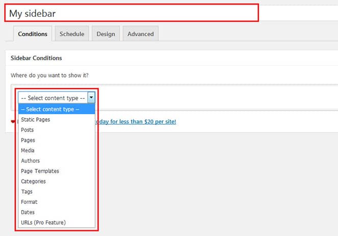 definir minhas sugestões da barra lateral barra lateral diferente para postagens e páginas do wordpress