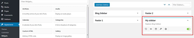 em widgets de aparência, edite minhas opções da barra lateral para obter uma barra lateral wordpress diferente para postagens e páginas