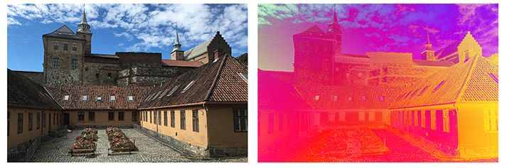 Auf das Bild links wurde kein Mischmodus angewendet. Auf das rechte Bild sind ein Farbverlauf und mehrere Mischmodi angewendet.