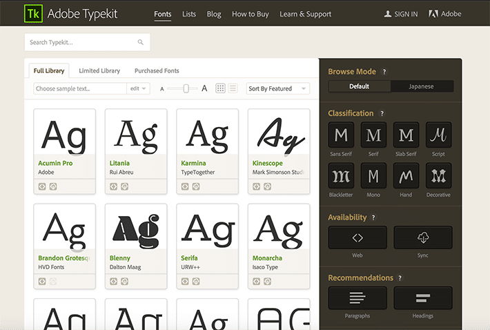 Zrzut ekranu opcji Adobe Typekit