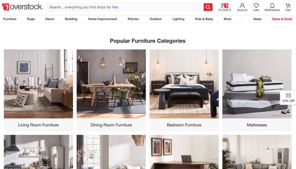 Overstock.com é uma empresa de dropshipping que vende móveis e outros alimentos para casa