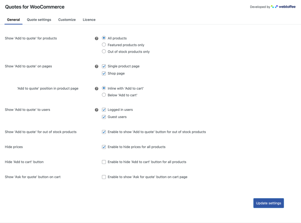 Configurações gerais do plug-in de citações do WooCommerce