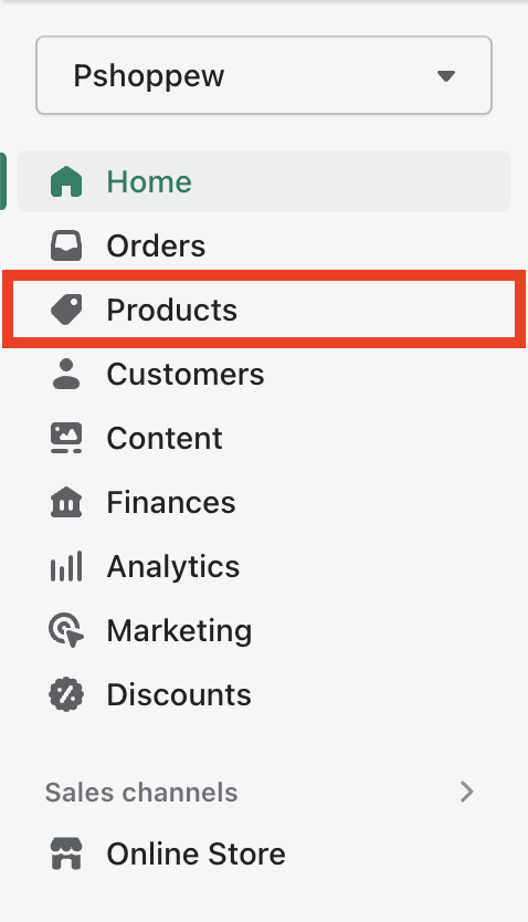 Selecione produtos no painel de administração da Shopify