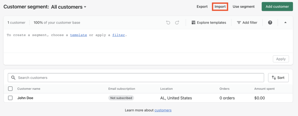 Botão Importar da página de clientes da Shopify