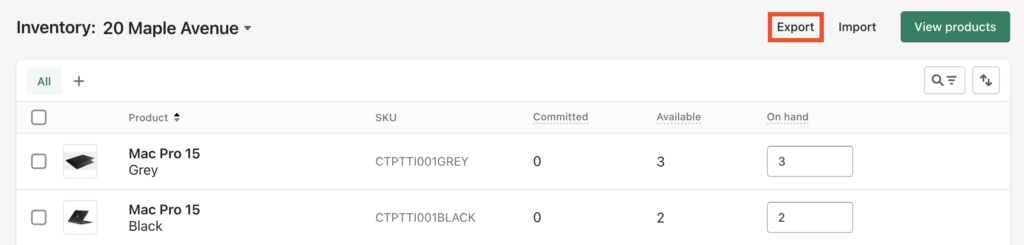 Botão Exportar da página de inventário da Shopify