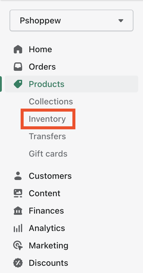Selecione Inventário no menu Produtos