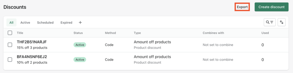 Botão Exportar da página de descontos da Shopify