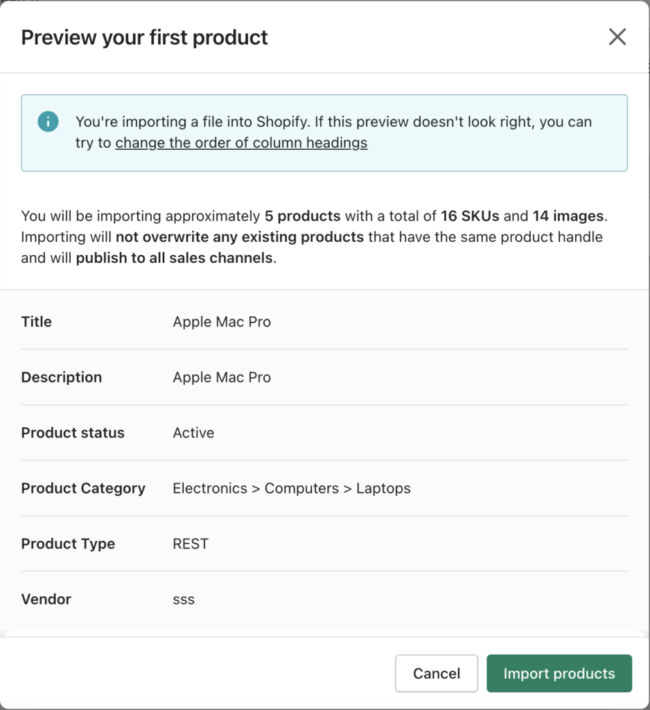 Visualize o primeiro produto antes de importar
