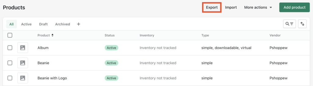 Botão Exportar da página de produtos da Shopify