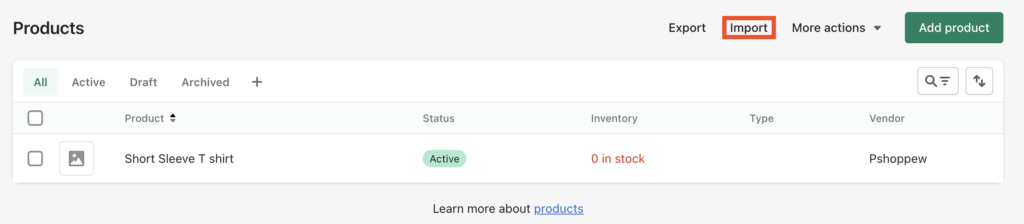 Botão Importar na página Produtos