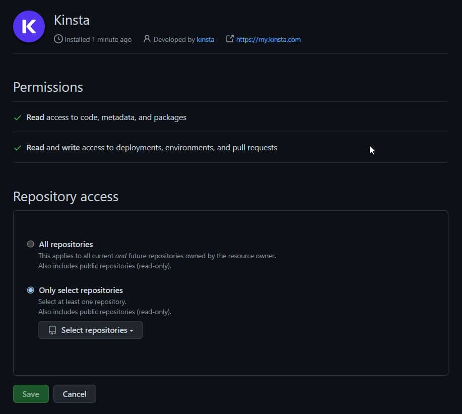 Kinsta를 부여할 GitHub 권한 선택.