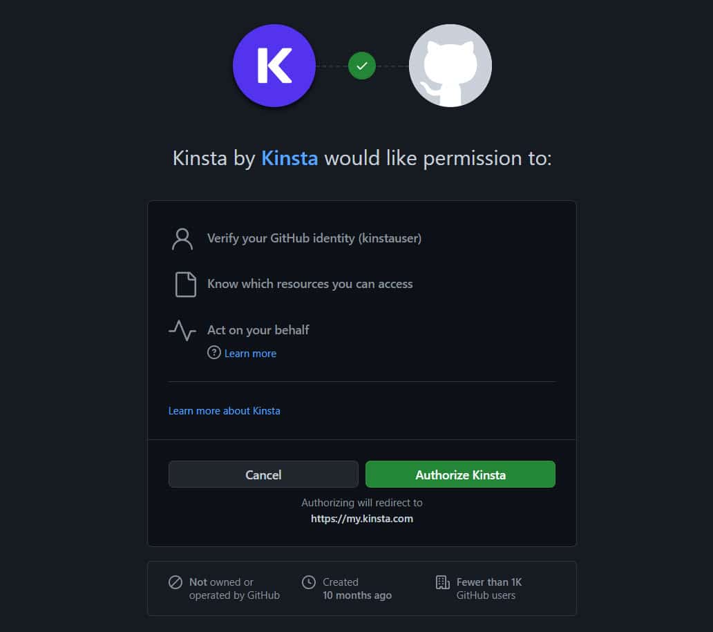 GitHub에서 Kinsta 인증.