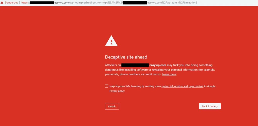 來自 Google Chrome 的“前面的欺騙性網站”警告示例