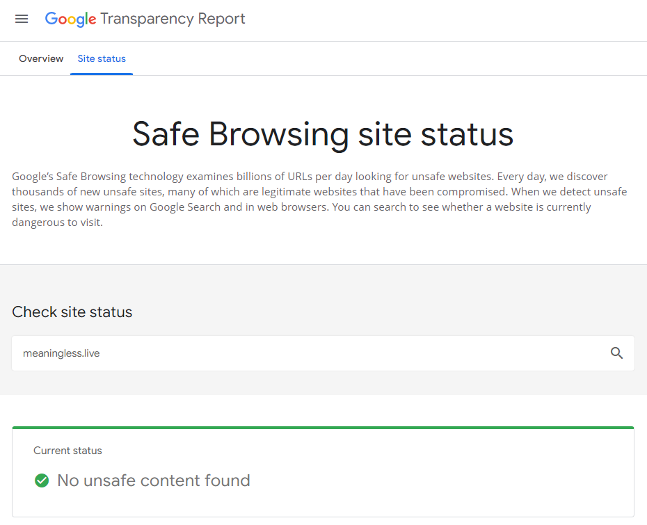 來自 Google 的安全瀏覽站點狀態的屏幕截圖。