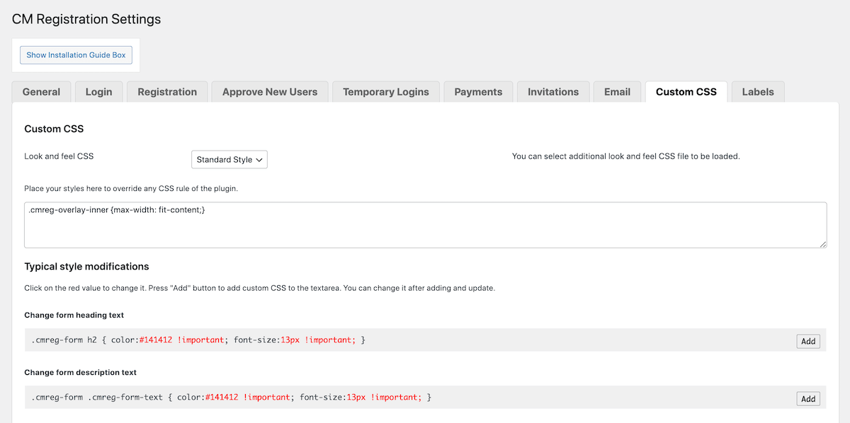 CM Registration Pro: Settings CSS