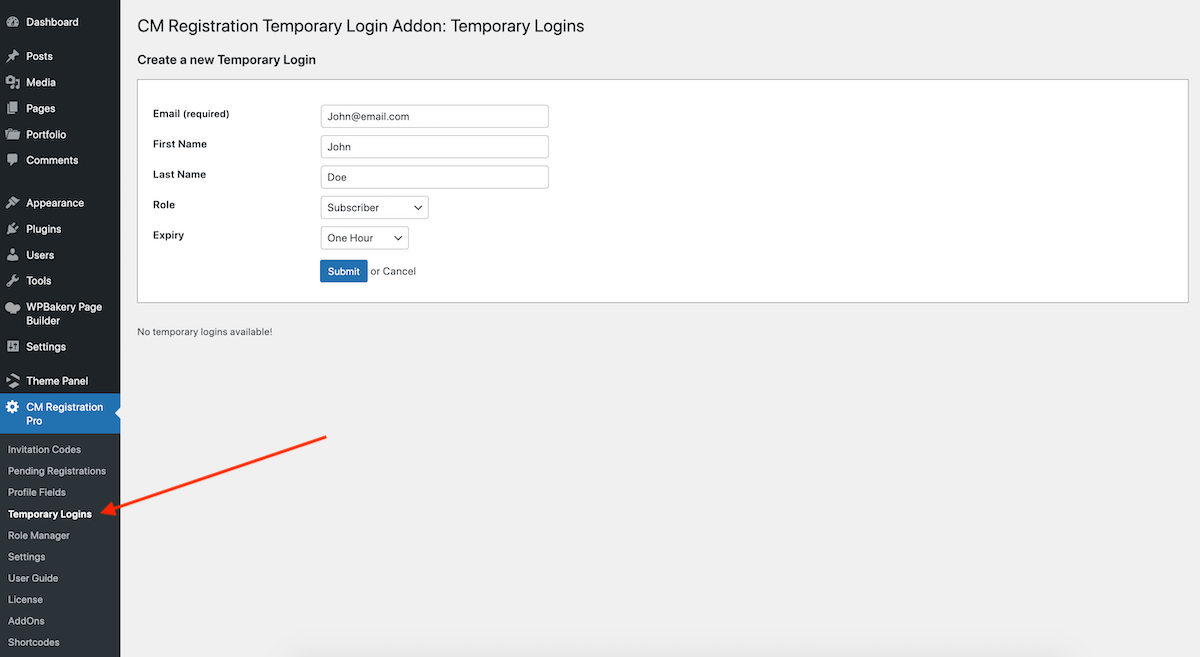 CM Registration Pro: مستخدم تسجيل دخول مؤقت